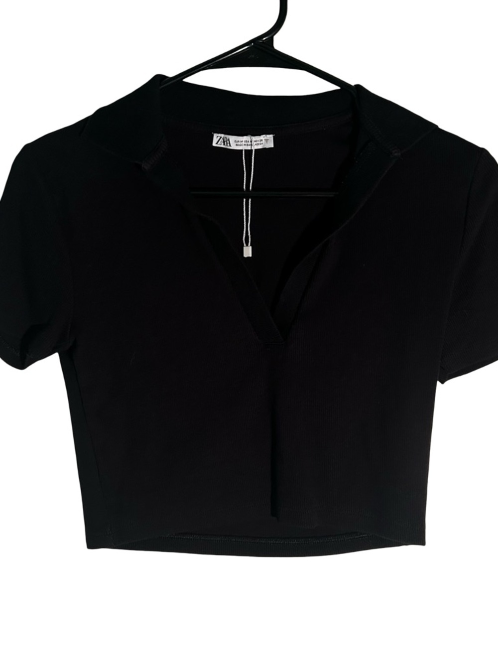 Zara Black Ribbed V-Neck Polo Crop Top